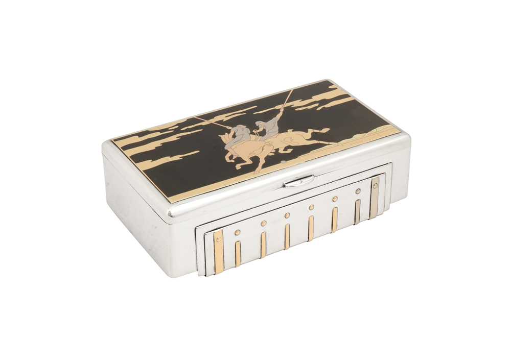 Polo interest – A fine early 20th century Art Deco sterling silver, gold, and lacquer cigarette box, Paris by Lacloche Frères, import marks for London 1929 by George Stockwell