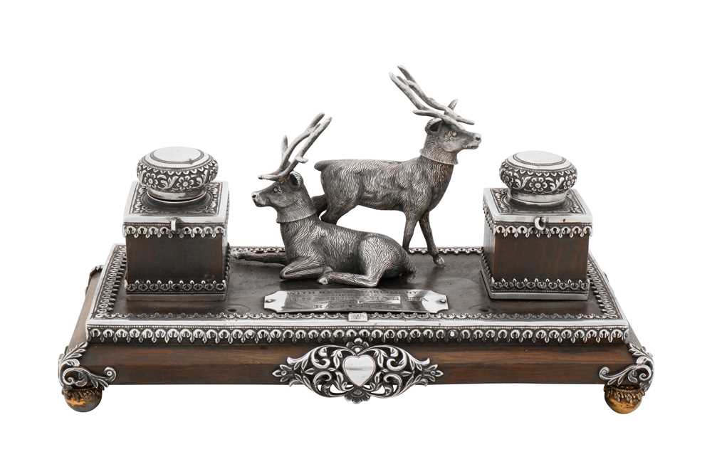 A late 19th century Anglo – Indian silver mounted rosewood inkstand or standish, Cutch, Bhuj circa 1890 by Mawji Raghavji