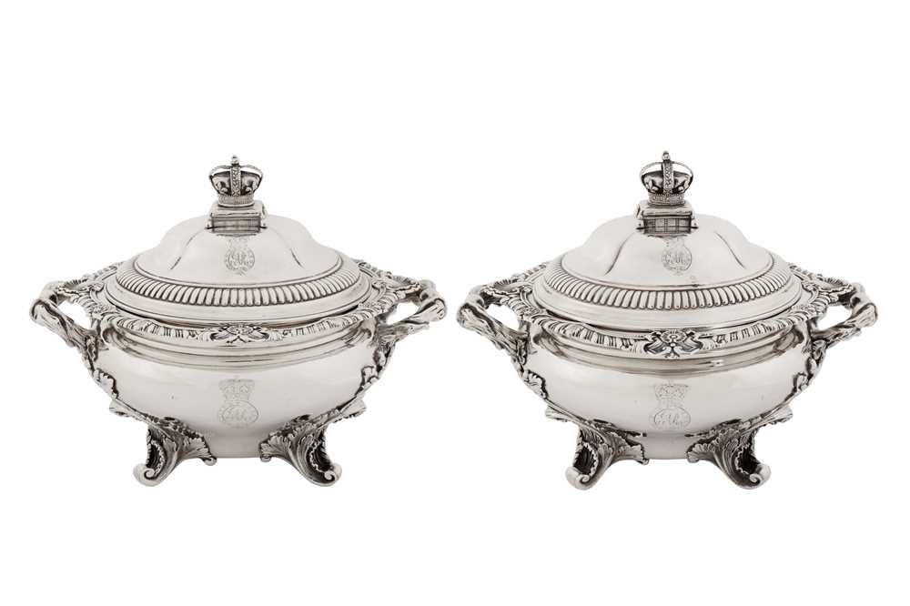 Queen Adelaide service – A pair of early Victorian sterling silver Royal sauce tureens, London 1837 by William Bateman II