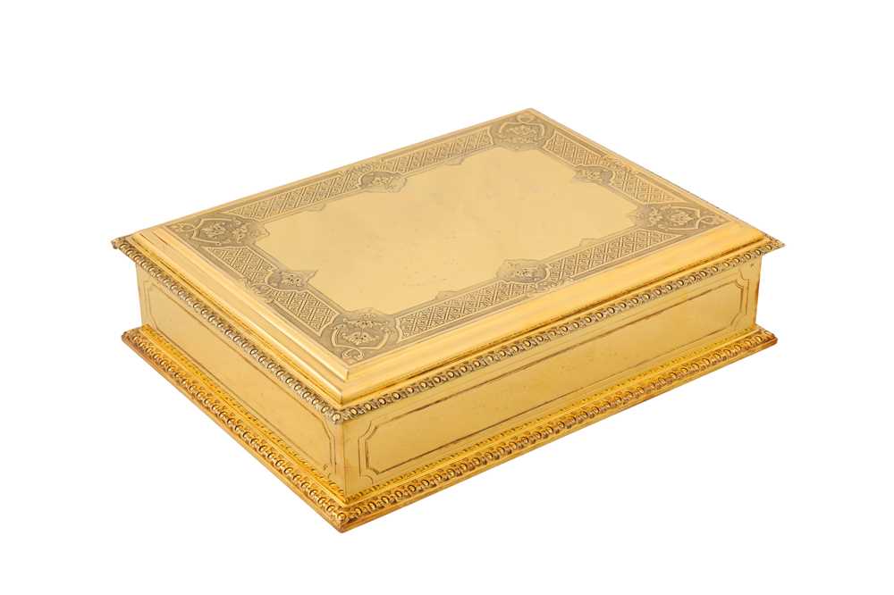 A cased very large mid-20th century French 950 standard silver gilt cigarette or cigar box, Paris circa 1940 by Puiforcat