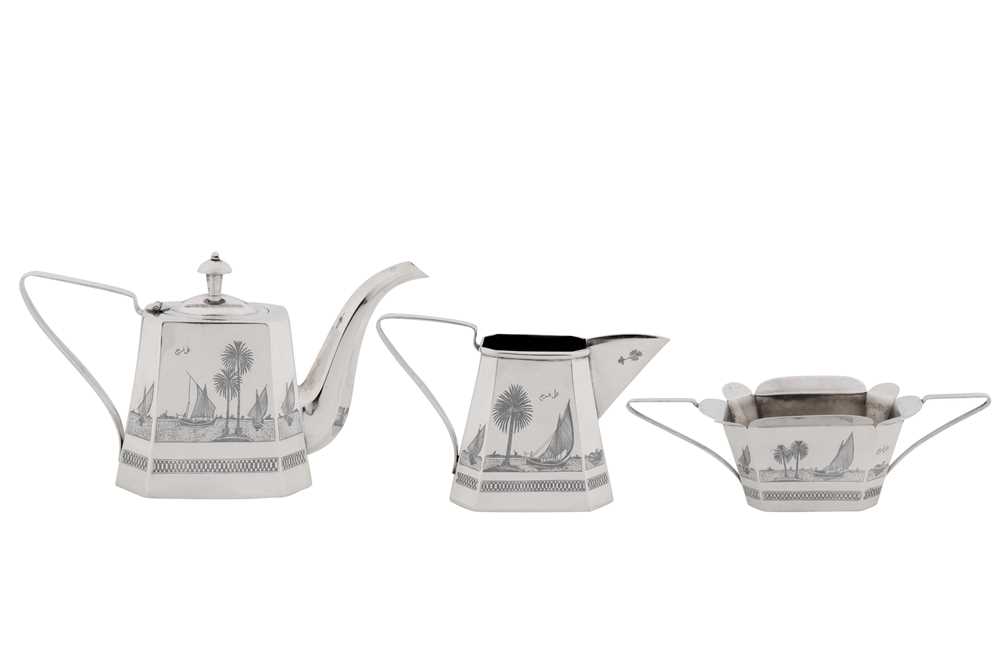 An early 20th century Iraqi silver and niello three-piece tea service, Omara or Baghdad circa 1930 signed Faraj