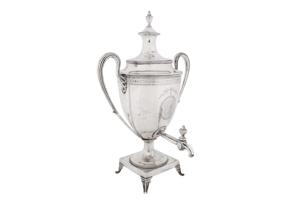 A rare George III provincial sterling silver tea urn, Newcastle 1795 by John Robertson I and David Darling (active 10 July 1795 – 8 Nov 1796)