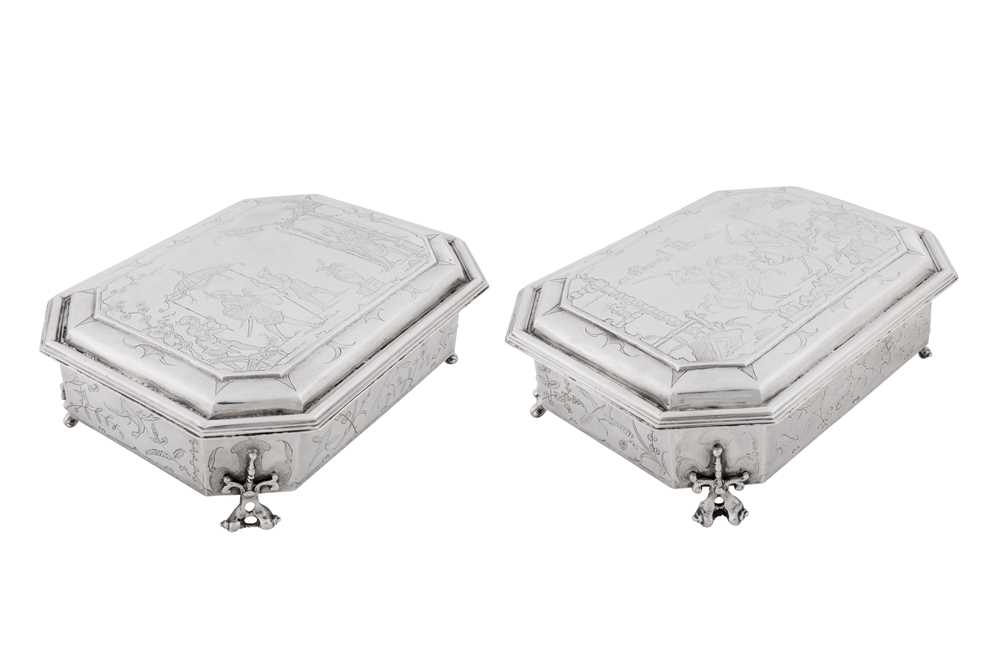 A pair of Charles II sterling silver chinoiserie toilet caskets, London 1683 by Ralph Leake (free 1671)