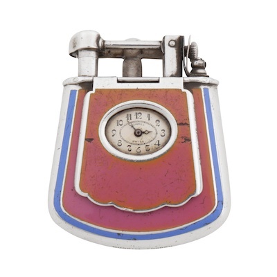Pforzheim with import marks for London 1927 by Alfred Dunhill An early 20th century German sterling silver and enamel 'fancy shape' pocket lighter and watch