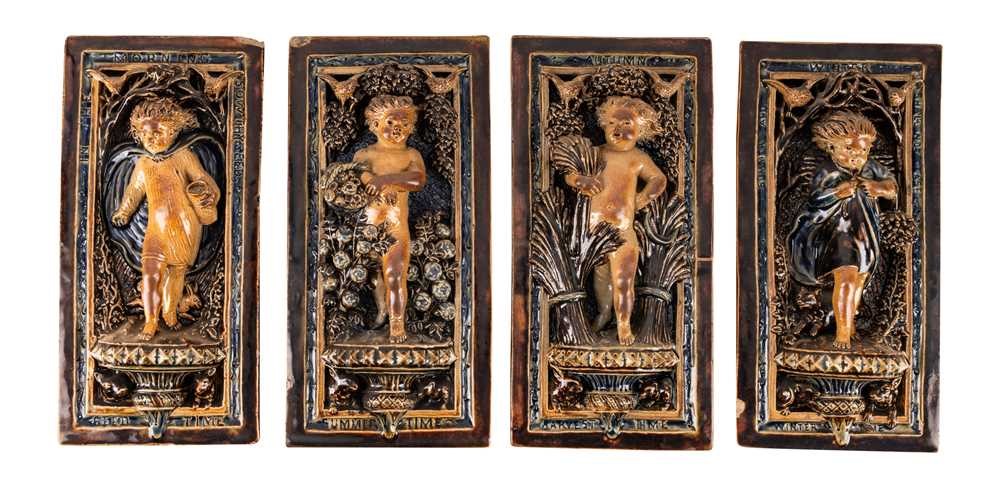 George Tinworth (British 1843-1913) for Doulton Lambeth The Four Seasons plaques in high relief - Seed Time, Summer, Harvest and Winter