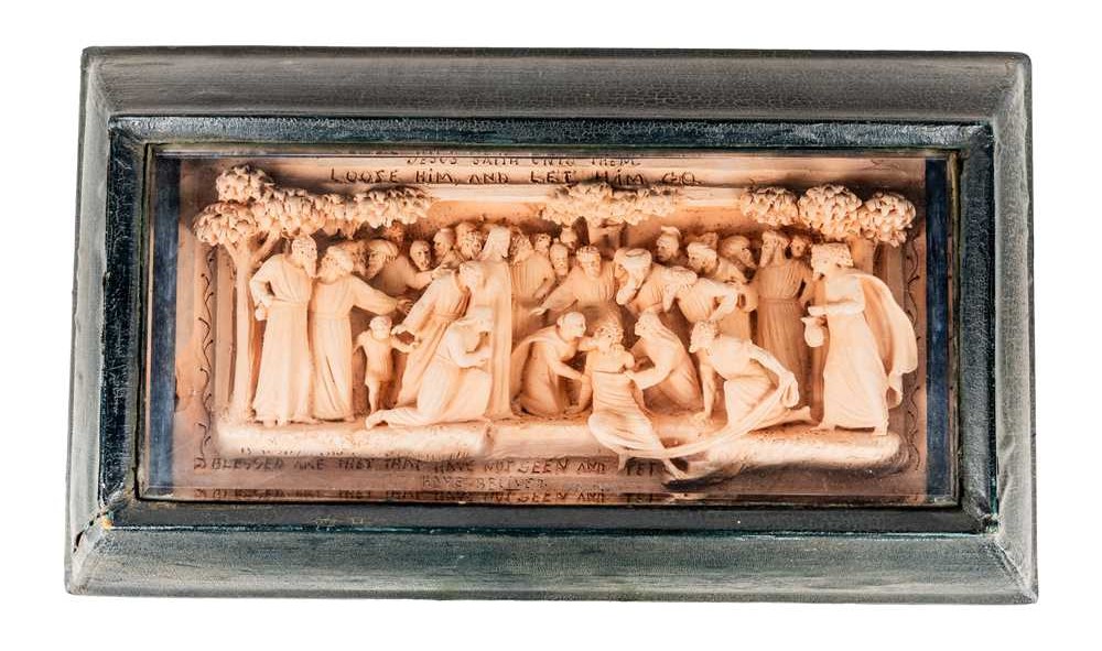 George Tinworth (British 1843-1913) for Doulton Lambeth Bas Relief panel of ‘The Raising of Lazarus’ in velvet frame