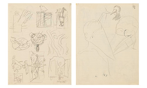 René Magritte (Belgian, 1898-1967) Croquis et Etudes (recto) Hommes avec des cônes sur le nez (verso)