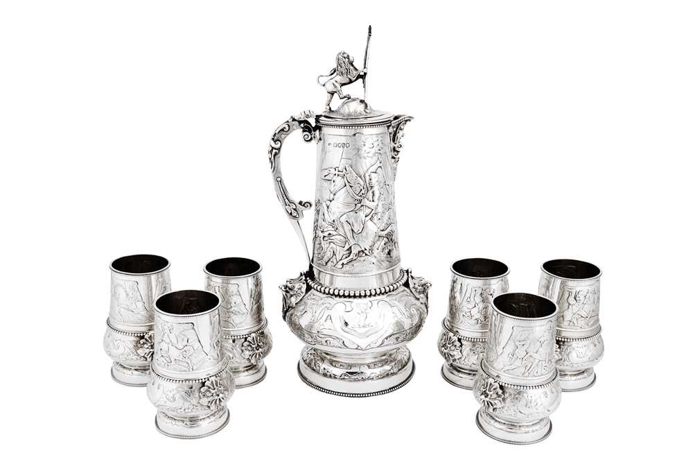 A good Victorian sterling silver claret or wine drinking set, London 1877 by Elkington and Co
