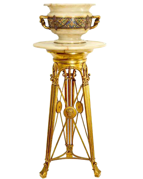 A FRENCH ORMOLU AND CHAMPLEVE ENAMEL-MOUNTED ONYX VASE ON STAND BY FERDINAND BARBEDIENNE, PARIS, CIRCA 1870