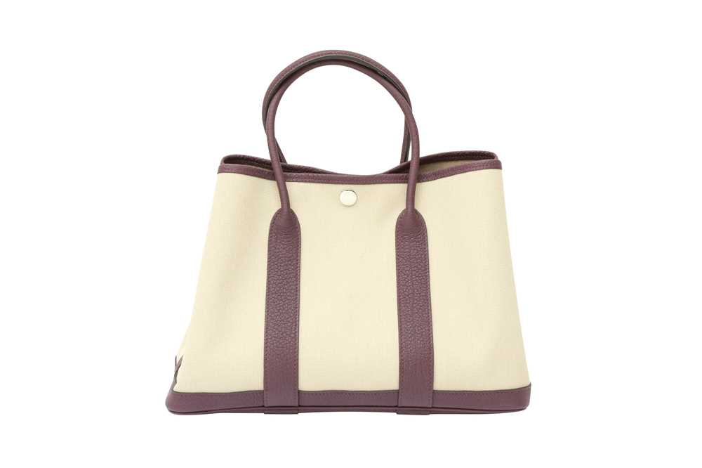 Hermes Beton Toile Garden Party 30, cotton canvas, cassis negonda leather trim and handles, palladium plated hardware