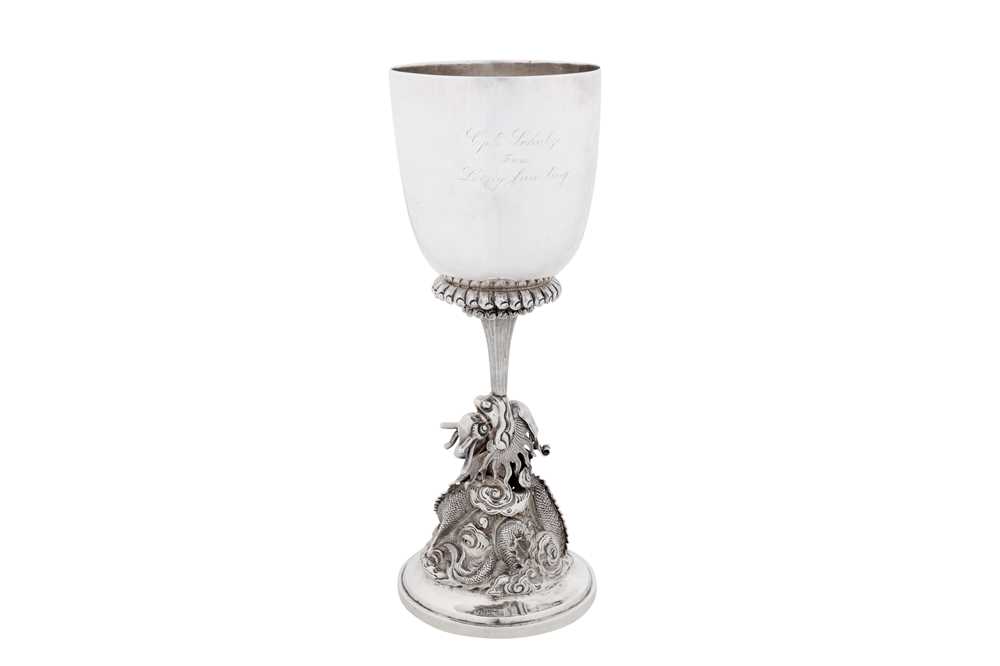 A mid to late 19th century Chinese export silver standing cup, Canton circa 1870, marked Quan, retailed by Lee Ching