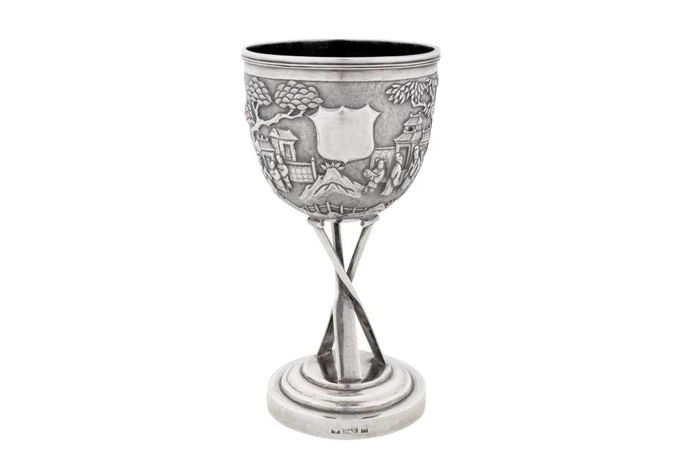 A late 19th / early 20th century Chinese export silver goblet, Shanghai circa 1900, marked Ning Zhao Ji, retailed by Tien Sheng of Hong Kong