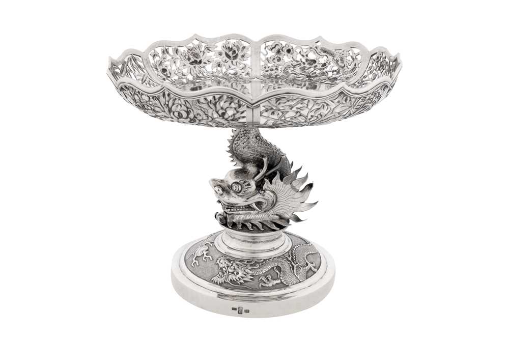 A late 19th / early 20th century Chinese export silver comport or footed tazza, Canton circa 1900, marked Hou Xiang, retailed by Wang Hing