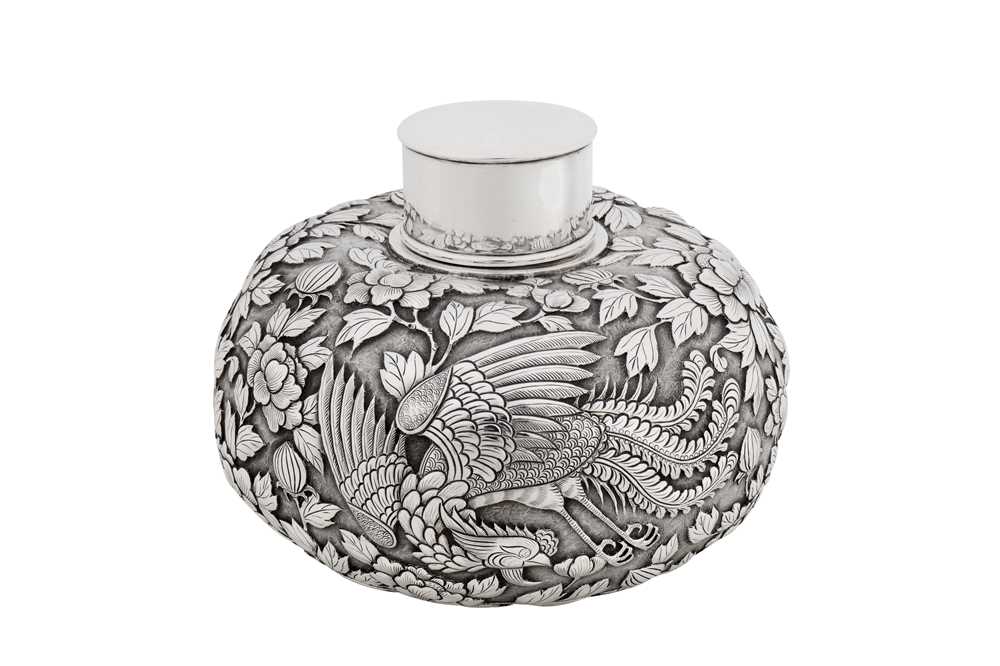 A late 19th century Chinese export silver tea caddy, Canton circa 1890, marked Zhou, retailed by Wang Hing