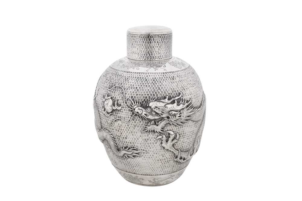 An early 20th century Chinese export silver tea caddy, Shanghai circa 1920 marked for Shan Ji, retailed by Luen Hing