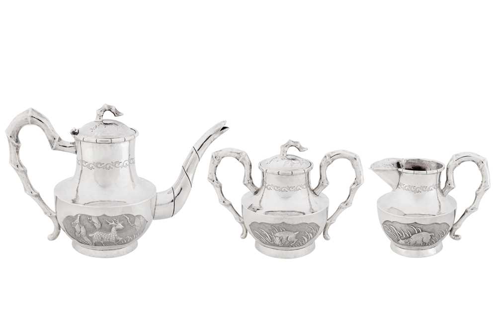 An early 20th century Chinese export silver three-piece coffee service, Hankou (Hankow) circa 1910, marked Lao Tian Bao