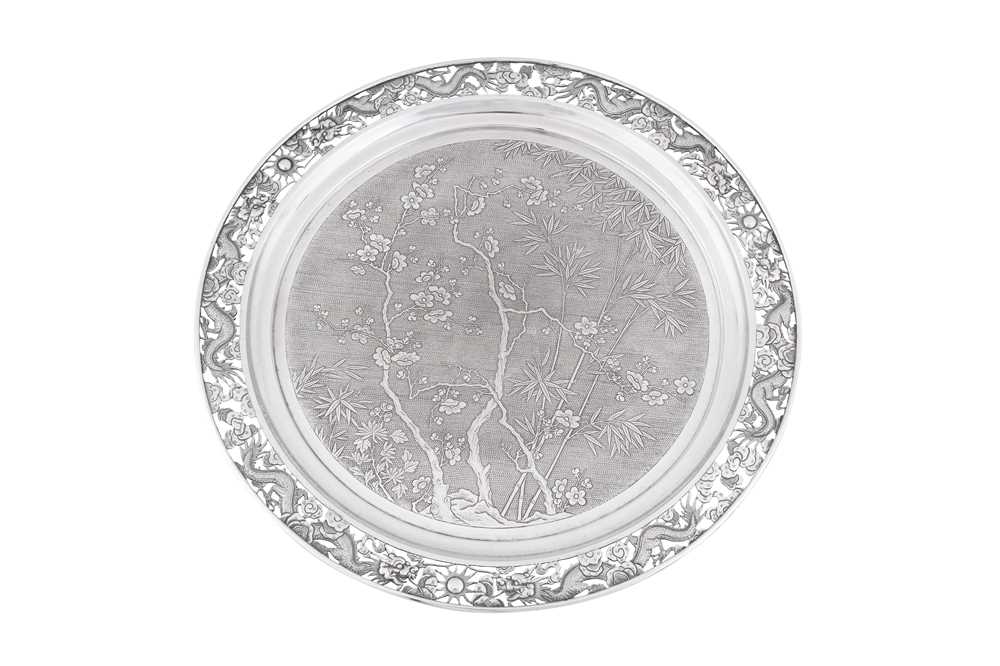 A late 19th century Chinese export silver tray, Canton circa 1890, marked Qiu Ji, retailed by Wang Hing