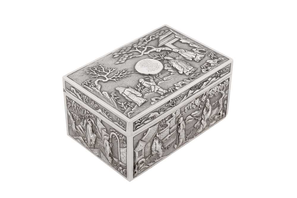 A late 19th century Chinese export silver box, Canton circa 1890, marked Shan Zhang, retailed by Cum Shing