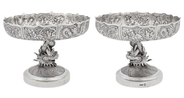 Shanghai circa 1910, marked Liang Sheng, retailed by Wang Hing A pair of early 20th century Chinese export silver pedestal bowls or comports