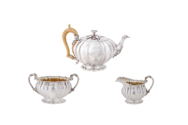 Countess of Listowel - A George IV sterling silver three-piece tea service, London 1826 by Robert Garrard II (reg. 16th April 1818)