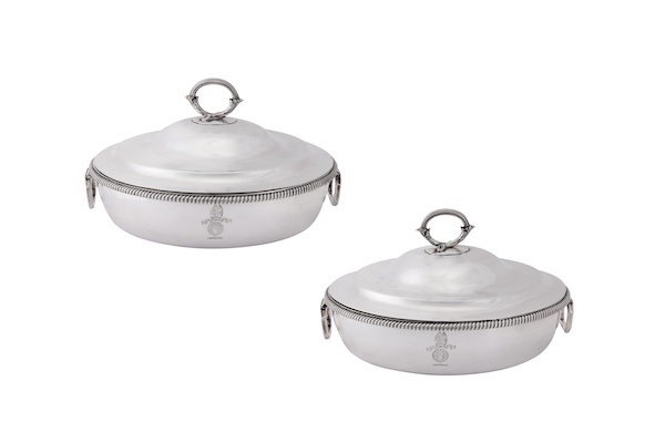 A pair of George III sterling silver covered vegetable or entrée dishes, London 1805 by William Burwash and Richard Sibley I (reg. 7th Oct 1805)