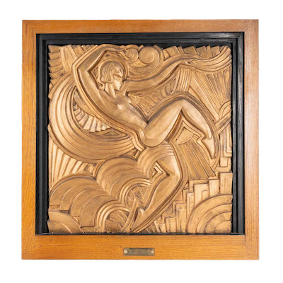 Maurice Picaud (Pico) (French 1900-1977) Gilt relief panel after a design for the facade of the Folies Bergeres depicting the dancer Lila Nikolska