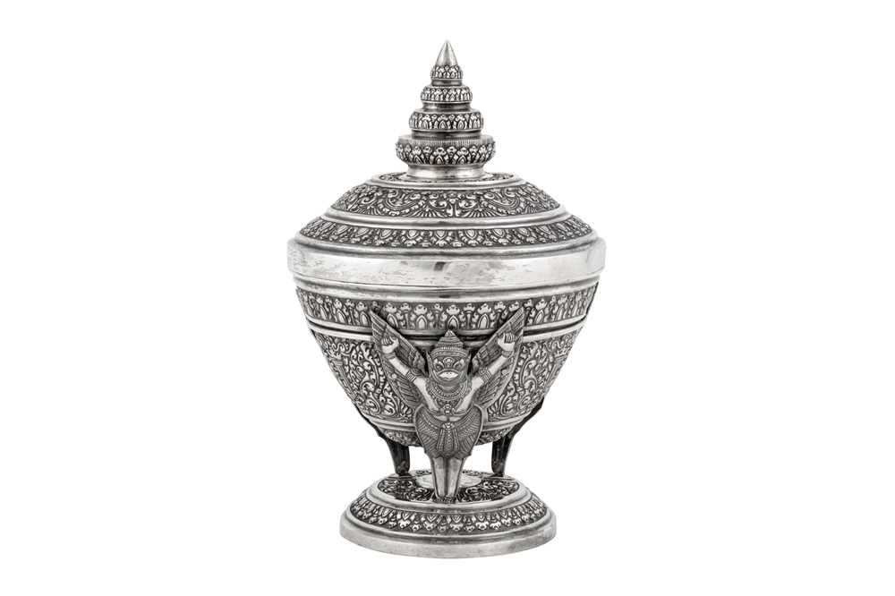 A mid-20th century Cambodian unmarked silver covered bowl on stand (Tok), circa 1940-60