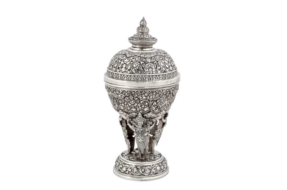 A mid-20th century Cambodian unmarked silver covered bowl on stand (Tok), circa 1940-60