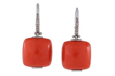 Lot 52 - A pair of coral and diamond earrings Each...