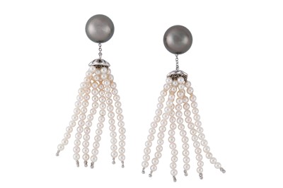 Lot 185 - A pair of cultured pearl pendent earrings Each...