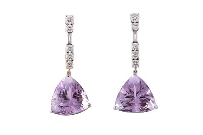 Lot 35 - A pair of kunzite and diamond pendent earrings...