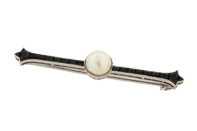 Lot 15 - A pearl and onyx bar brooch, by Boucheron,...