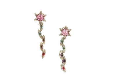 Lot 25 - A pair of diamond and gem-set pendent earrings...