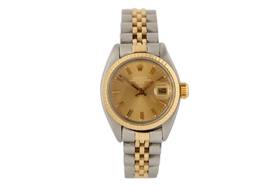 Lot 21 - ROLEX. A LADIES STAINLESS STEEL AND GOLD...