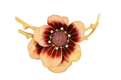 Lot 59 - An enamel, ruby and diamond flower brooch,...