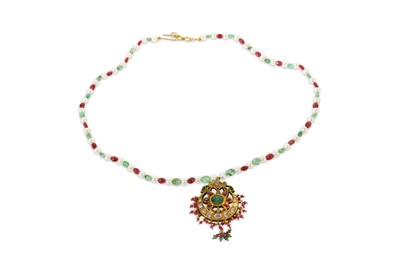 Lot 287 - A PEARL, SPINEL AND EMERALD NECKLACE WITH AN...