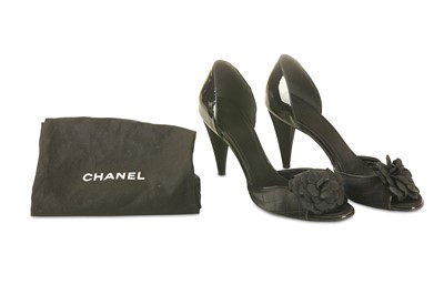 Lot 81 - Chanel Black Camellia Heels, patent leather...