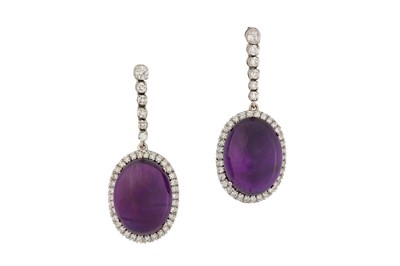 Lot 29 - A pair of amethyst and diamond pendent...