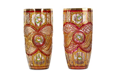 Lot 159 - A PAIR OF DEEP PINK BOHEMIA GLASS VASES FOR...