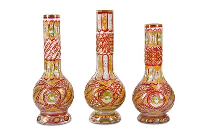 Lot 154 - THREE RED BOHEMIA GLASS HUQQA BASES FOR THE...