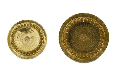 Lot 879 - TWO SMALL COPPER-INLAID BRASS DISHES Possibly...