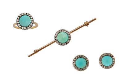 Lot 181 - A turquoise and diamond brooch, earring and...