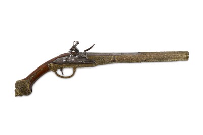 Lot 151 - A BRASS-OVERLAID FLINTLOCK PISTOL  Ottoman...