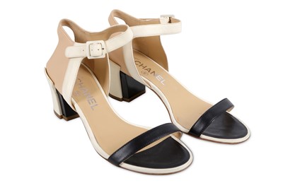 Lot 99 - Chanel Cream Nude and Black Leather Sandals,...