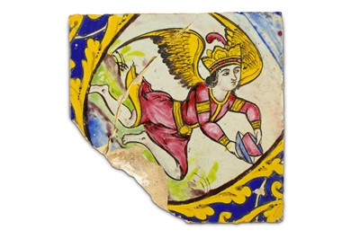 Lot 161 - A CUERDA SECA FIGURAL POTTERY TILE WITH WINGED...