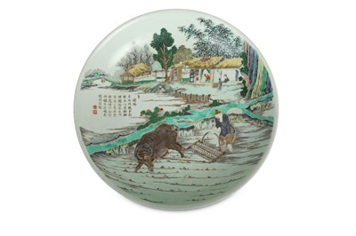 Lot 45 - A LARGE CHINESE WUCAI 'PLOUGHMAN' DISH. Qing...