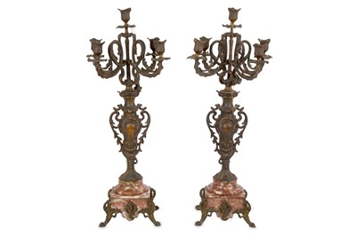 Lot 175 - A pair of rouge marble based spelter five...