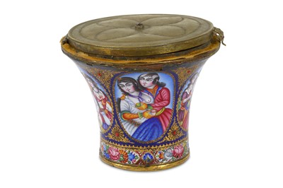 Lot 206 - A QAJAR POLYCHROME-ENAMELLED COPPER QALYAN CUP...