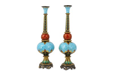 Lot 211 - A PAIR OF ORIENTALIST POLYCHROME-ENAMELLED...