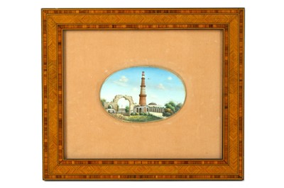 Lot 278 - A LARGE OVAL IVORY MINIATURE OF THE QUTB MINAR...